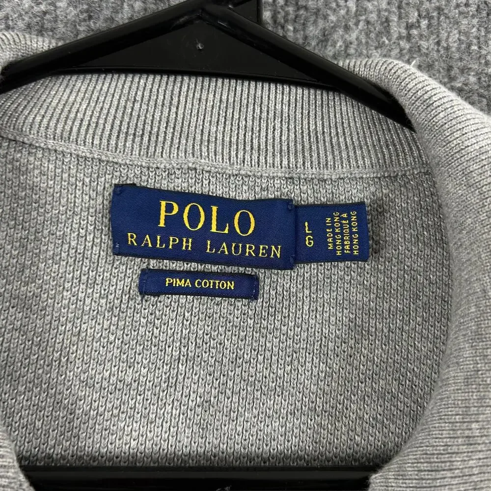 Polo Ralph Lauren Sweater Mens Large Gray 1/4 Zip Mock Neck Pima Cotton Preppy